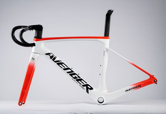 Full carbon fiber Disc Road bike frame and fork with handlebar Red white Paint Customized Hongfu bike